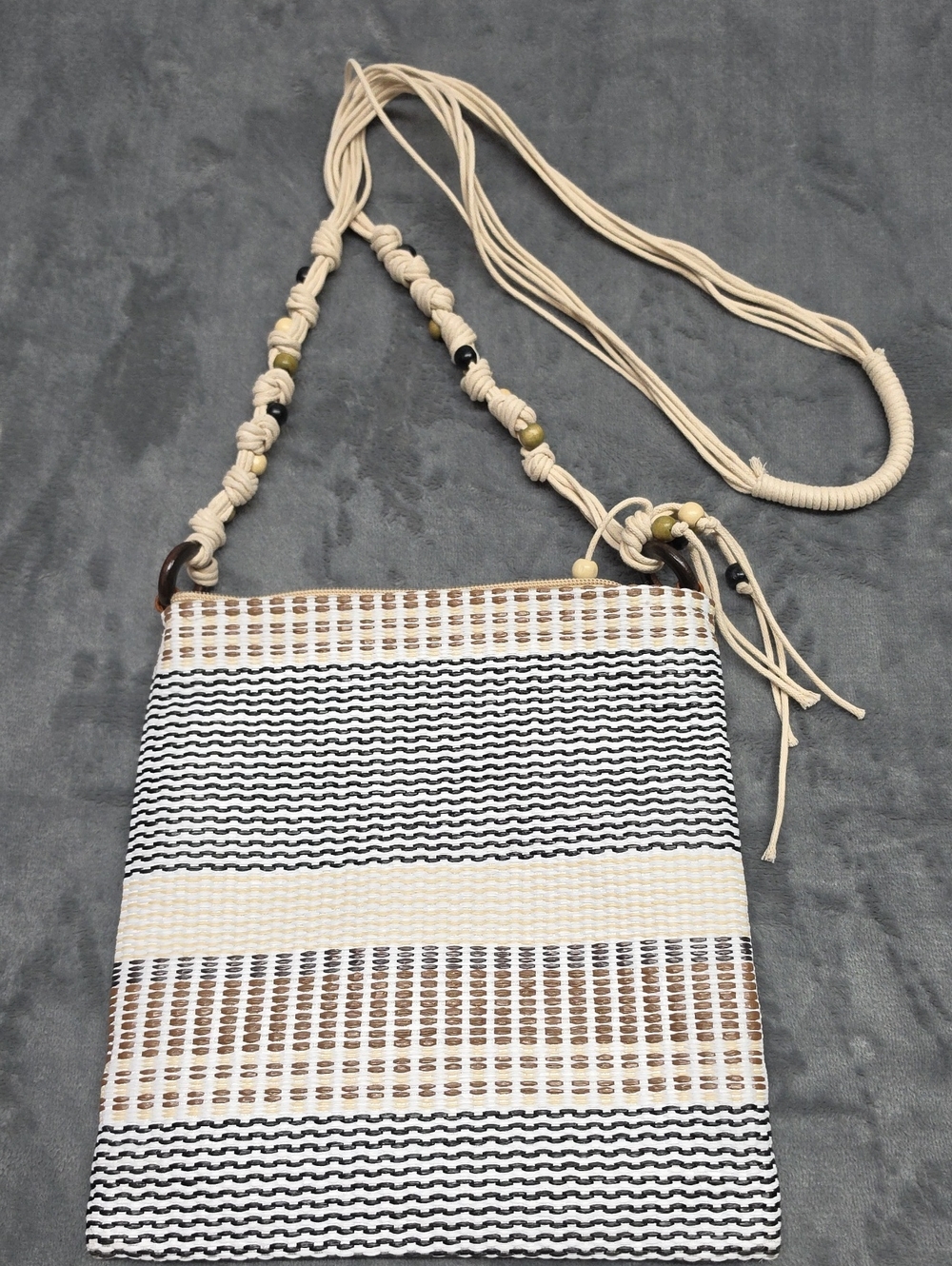 Woven Stripe Crossbody Bag - Cream, Black & Brown
